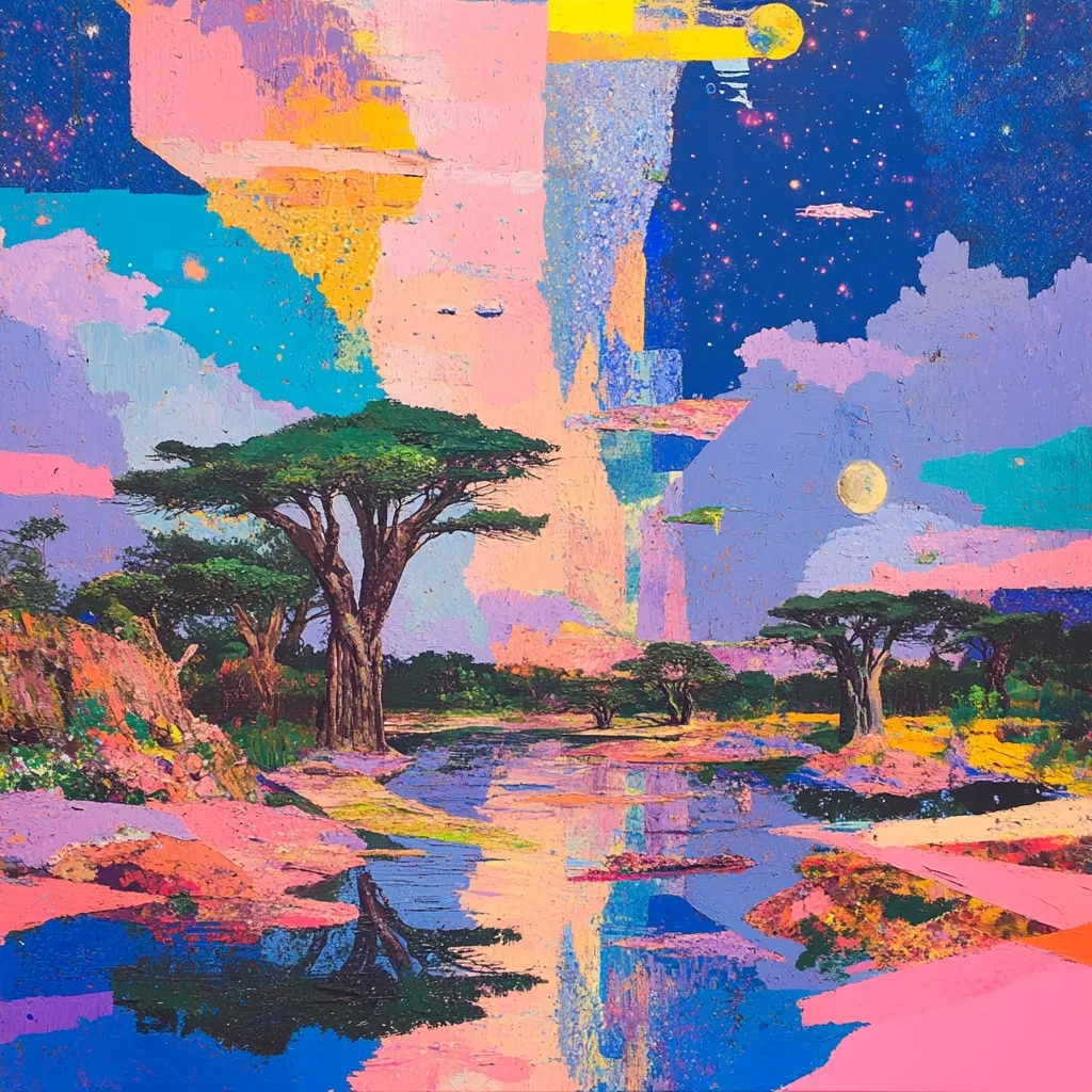 A vibrant, surreal landscape painting features acacia trees flanking a tranquil river reflecting a colorful, fragmented sky.  The style is impasto, with thick, textured paint in a range of bright pinks, blues, yellows, and purples.  Two moons and a starry night are visible above, adding to the dreamlike quality of the scene. The overall effect is one of whimsical, fantastical beauty.