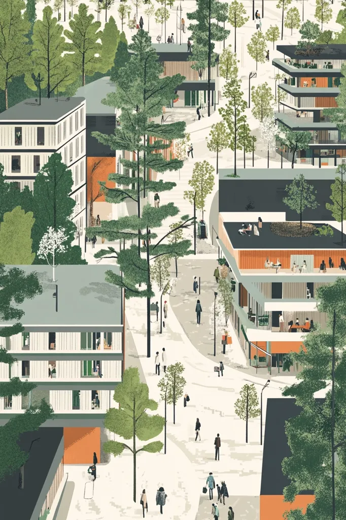 An illustration depicts a bird's-eye view of a modern, tree-lined residential area.  Multi-story buildings with balconies and muted color palettes are interspersed with mature trees, creating a green and pedestrian-friendly environment.  Small figures of people are scattered throughout the scene, suggesting a lively community. The overall style is clean and minimalist, with a focus on urban planning and sustainable design.