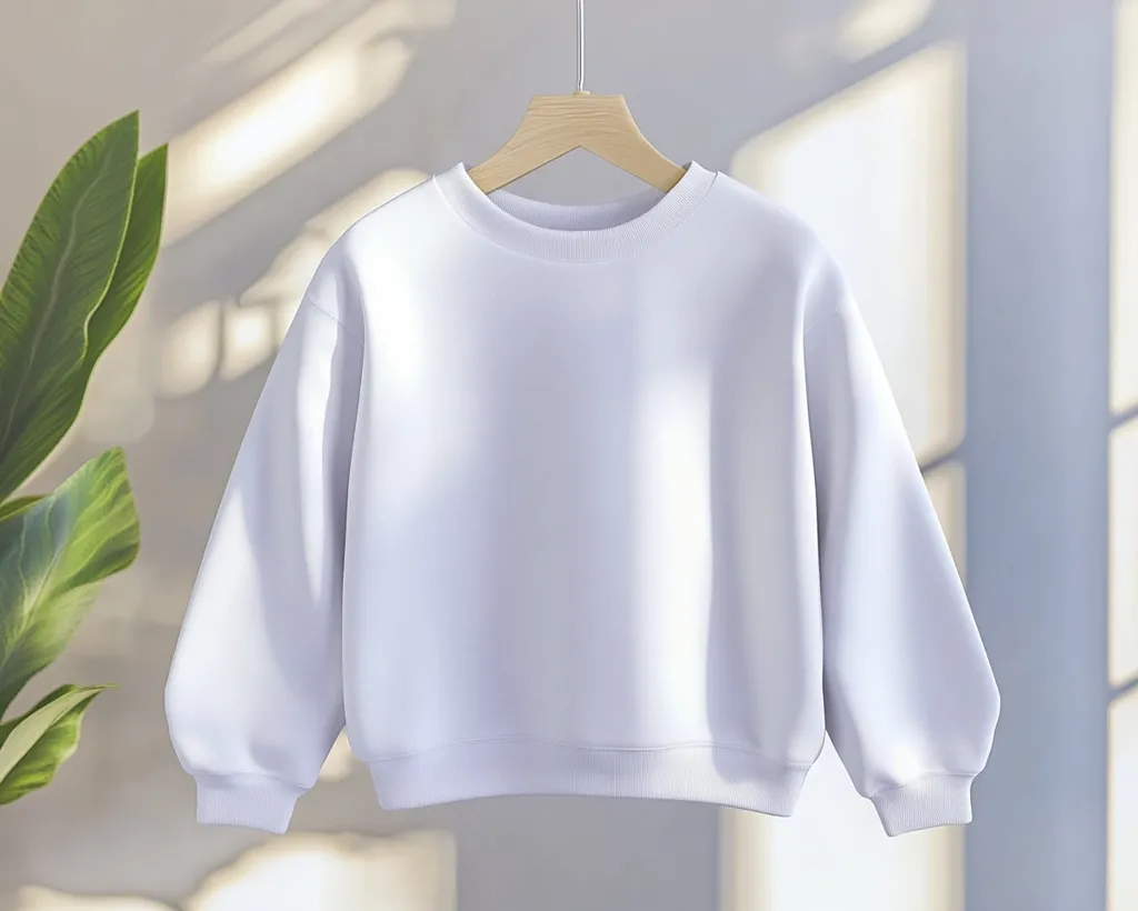 A plain white crewneck sweatshirt hangs on a wooden hanger against a bright, airy background.  The soft, light-colored fabric appears comfortable and casual.  Sunlight streams through a nearby window, casting soft shadows on the sweatshirt and highlighting its texture. The sweatshirt is likely a child's or young adult's size.
