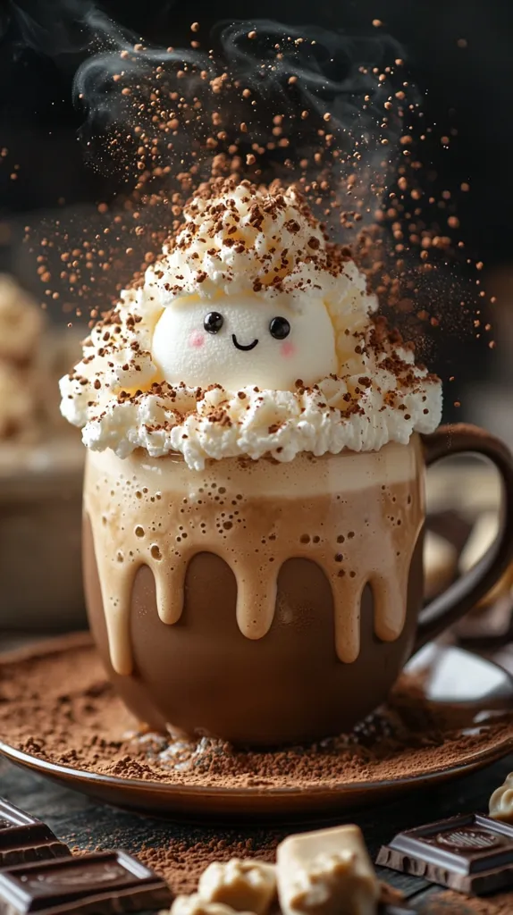 A steaming mug of hot chocolate is topped with a generous mound of whipped cream.  Nestled within the cream is a cute, smiling marshmallow, dusted with cocoa powder.  Chocolate shavings are scattered around the mug, which sits on a saucer dusted with cocoa. The overall image is warm, inviting, and visually appealing.