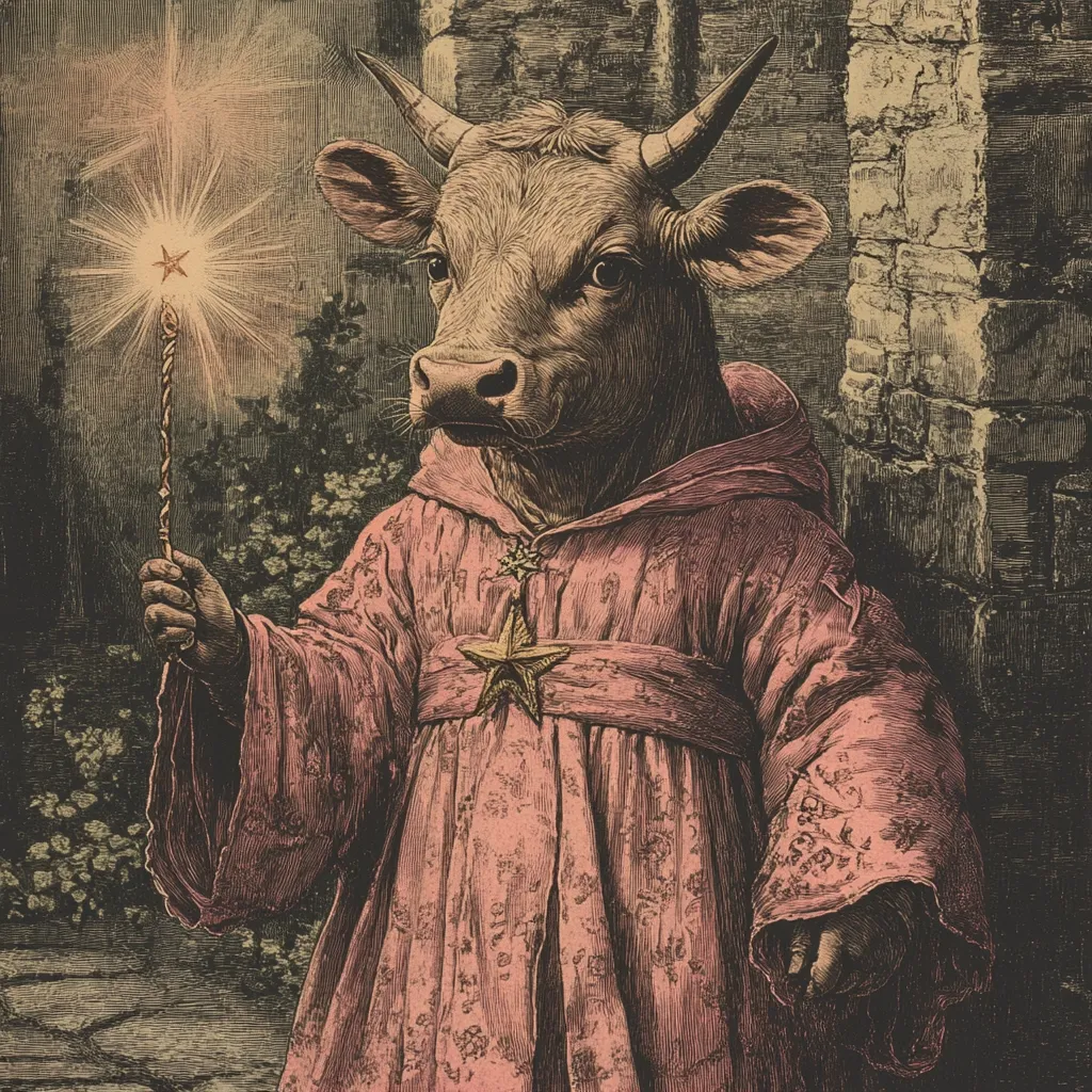 An anthropomorphic cow, adorned in a pink robe and holding a lit sparkler, stands before a stone wall.  The cow's expression is serious, almost solemn. The image has a dark, slightly gothic aesthetic, suggesting a mystical or fantastical setting.  The robe features a star-shaped embellishment, adding to the magical ambiance. The overall style is reminiscent of vintage illustration or etching.