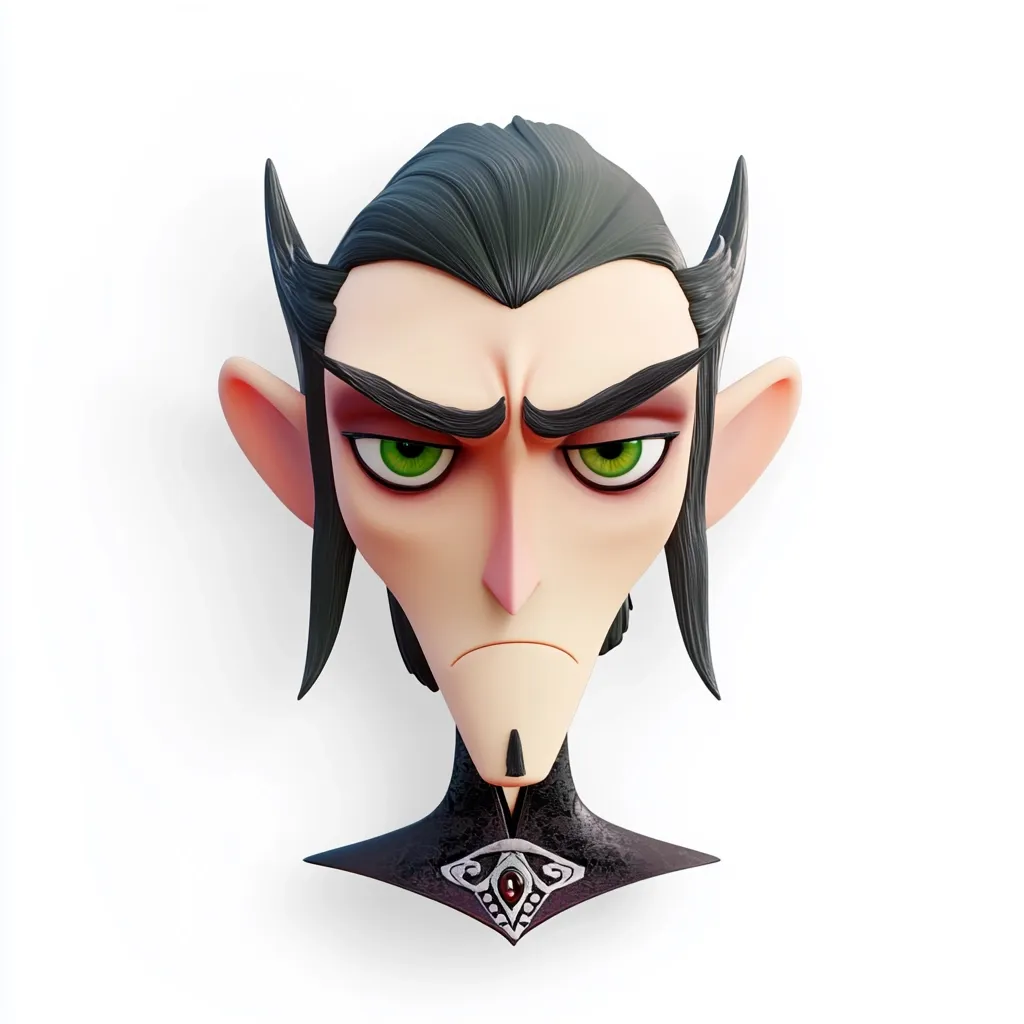A stylized 3D rendering of a vampire's bust.  He has dark hair swept back, pointed ears, green eyes narrowed in a disgruntled expression, and a small goatee.  He wears a dark, high-collared garment adorned with a silver and ruby pendant. The style is cartoonish, with exaggerated features and smooth textures. The background is plain white, emphasizing the character.