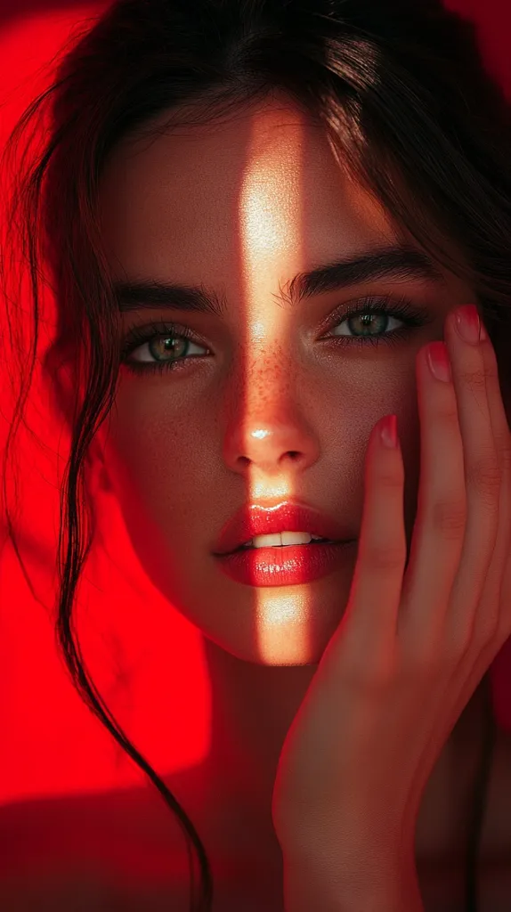 Close-up portrait of a young woman with dark hair and freckles.  A beam of light falls across her face, highlighting her features. She has a soft expression and is touching her face gently. The background is a vibrant red, creating a dramatic contrast with her skin tone. Her lips are painted a bold red. The overall mood is sensual and mysterious.