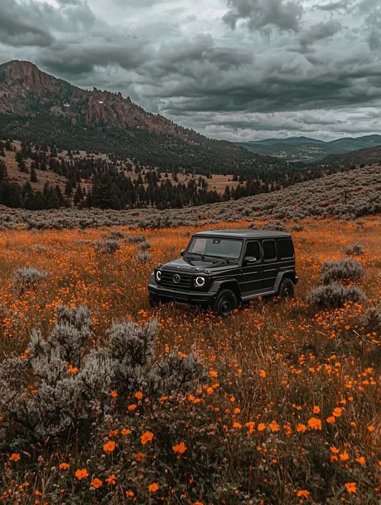 A black Mercedes G-Wagon SUV sits in a field of orange wildflowers.  The backdrop features a dramatic mountain range under a cloudy sky.  The scene evokes a sense of adventure and tranquility, contrasting the rugged vehicle with the serene natural beauty.  The overall mood is dark and moody, yet peaceful.