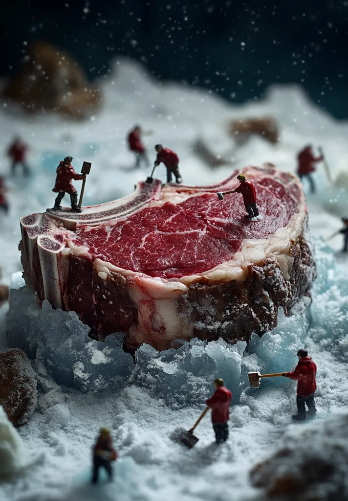 A large, raw ribeye steak sits encased in ice, resembling a snow-covered mountain.  Tiny figures in red parkas laboriously chip away at the frozen meat with miniature shovels and picks. The scene is dramatic and whimsical, suggesting a challenging, albeit delicious, task. The background is blurred, focusing attention on the miniature workers and their icy, meaty challenge.