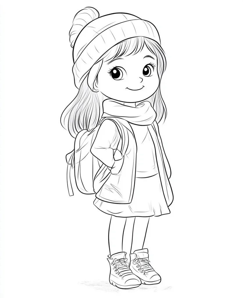 A line drawing of a cute girl, bundled up for winter. She wears a knit hat, scarf, jacket, and boots.  A backpack rests on her shoulders. The girl stands with one hand in her pocket, her expression cheerful and ready for the day.  The style is reminiscent of a coloring page, with clean lines and simple details.