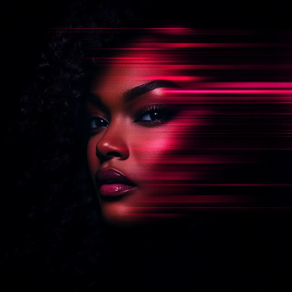 A close-up portrait of a Black woman with curly hair.  Her face is partially obscured by streaks of vibrant pink light, creating a dynamic and modern aesthetic.  The dark background contrasts sharply with the bright pink and her rich skin tone, emphasizing her features and the artistic effect.  The image suggests movement and energy.