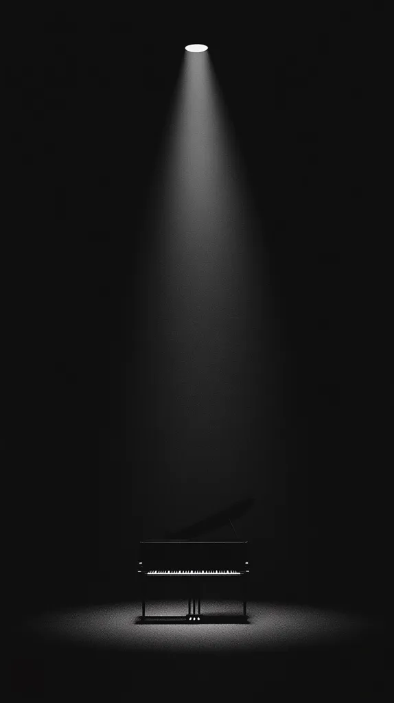 A grand piano sits center stage in a dark room, illuminated by a single spotlight from above. The monochromatic image emphasizes the contrast between the bright light and the deep shadows, creating a dramatic and somewhat melancholic atmosphere.  The piano appears poised and ready, suggesting a sense of anticipation or quiet reflection.