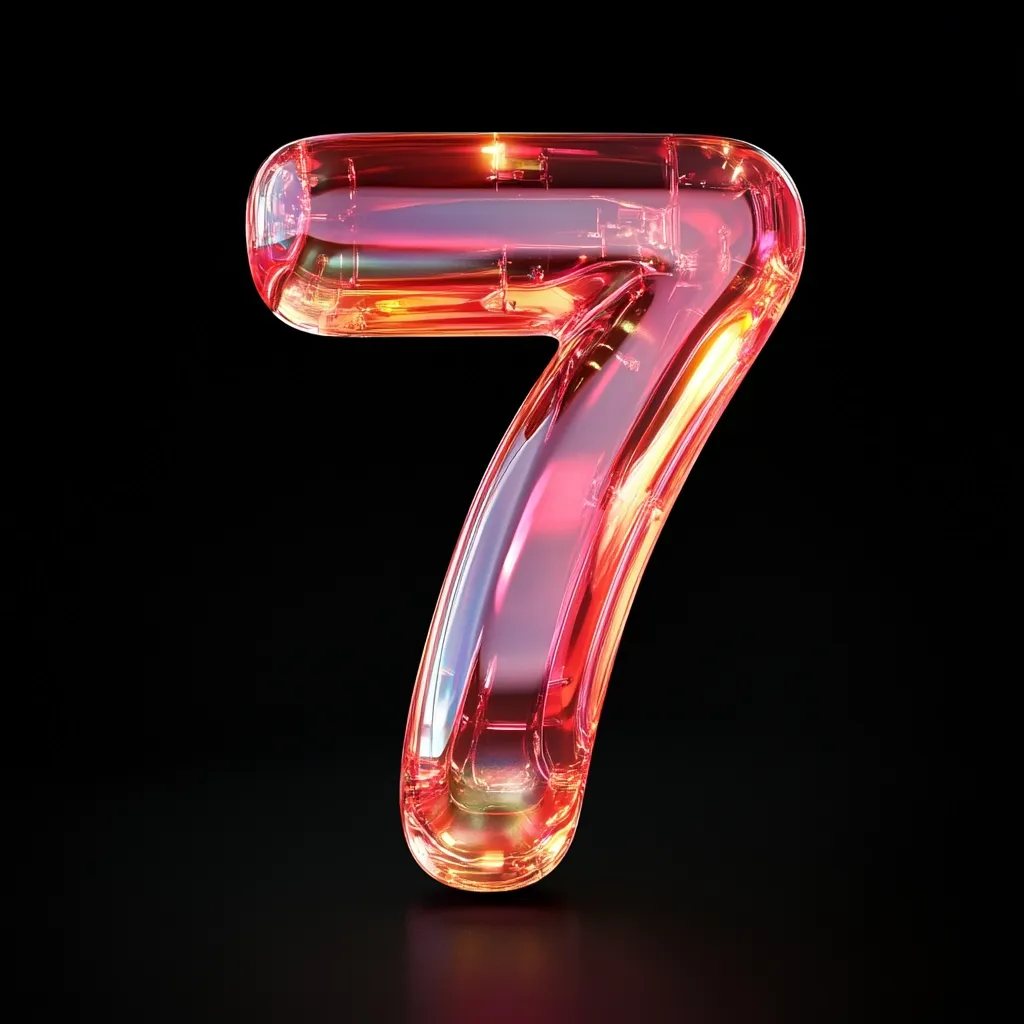 A vibrant, translucent red number seven is presented against a stark black background.  The digit appears to be crafted from glass or a similar material, with internal light sources or reflective properties creating an iridescent glow.  The smooth curves and glossy finish give the number a modern, almost futuristic aesthetic.
