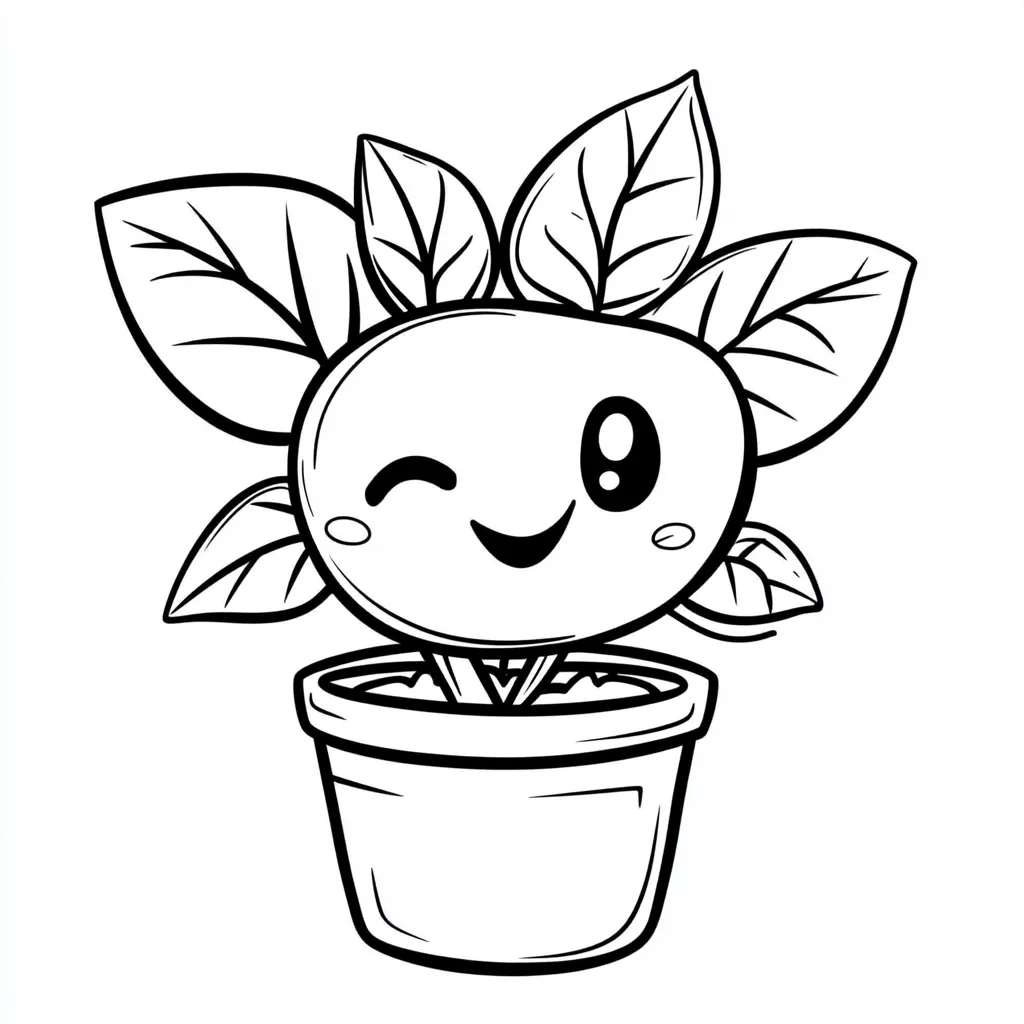 A whimsical line drawing of a potted plant with a cartoon face. The plant has a round body with large, expressive eyes, one winking, and a cheerful smile.  Large leaves sprout from its head, and it sits in a simple flowerpot.  The style is cute and playful, suitable for coloring.