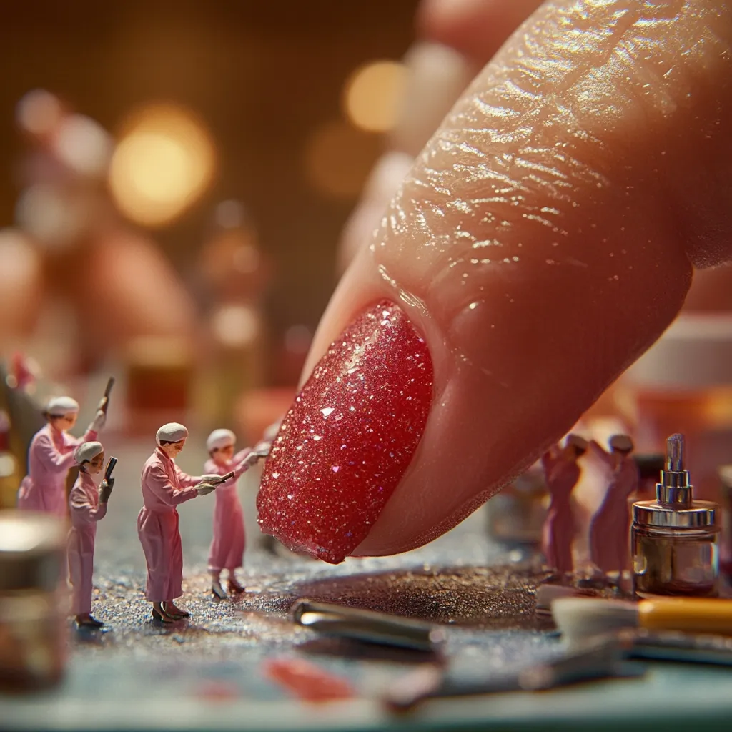 A giant finger with glittering red nail polish looms over a miniature nail salon.  Tiny figures, dressed in pink uniforms, work diligently at their miniature tasks. The scene is highly detailed, creating a striking contrast between the colossal finger and the Lilliputian workers. The overall effect is surreal and whimsical.