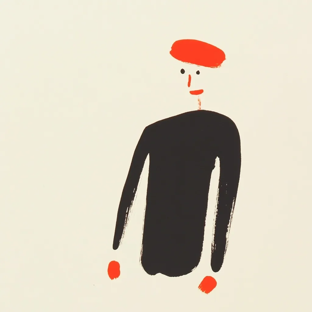 A minimalist figure is depicted in bold strokes of black and orange.  The figure wears a red beret and a dark, long-sleeved top, rendered with expressive brushstrokes.  Simple facial features are suggested with orange dots, creating a childlike yet sophisticated aesthetic. The artwork's simplicity contrasts with the expressiveness of the paint application.