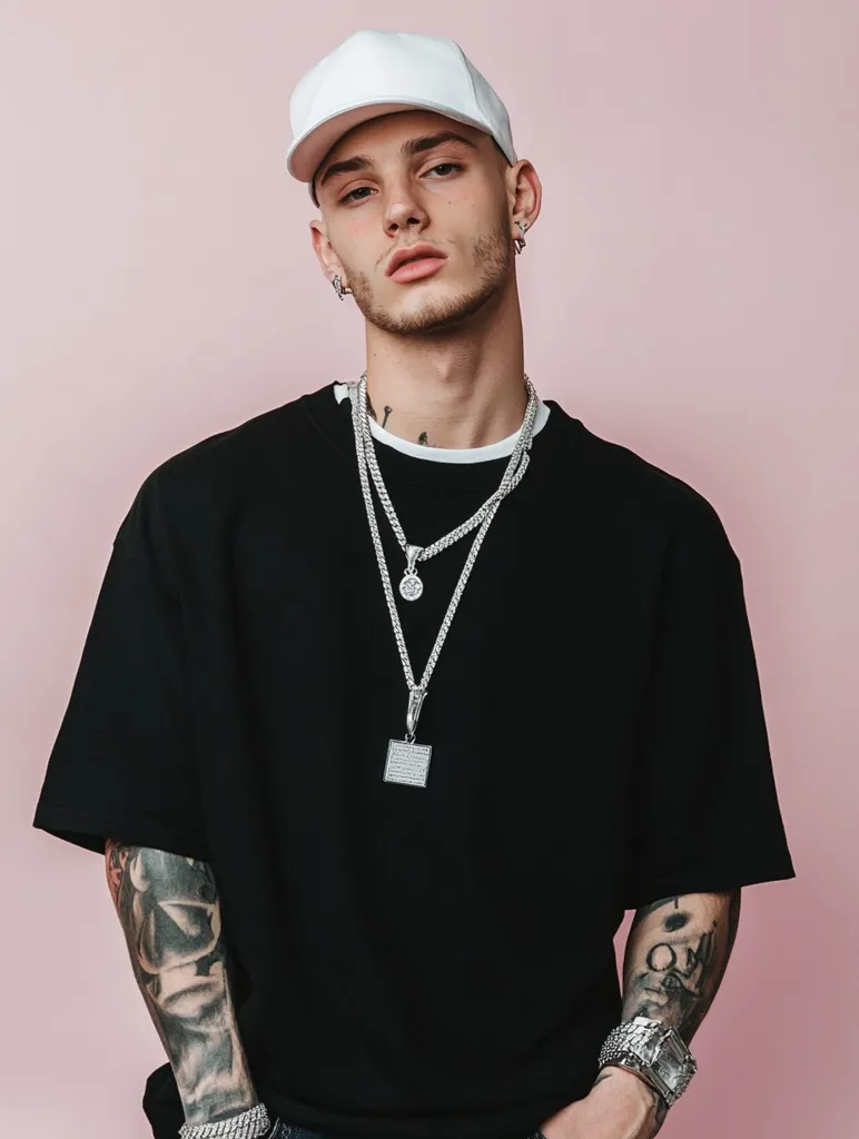 A young man with tattoos on his arms poses against a pale pink background. He wears a white baseball cap, a black oversized t-shirt, and several silver necklaces with pendants.  His expression is serious and he is looking directly at the camera.  He also sports silver bracelets and earrings. The overall style is hip-hop inspired.