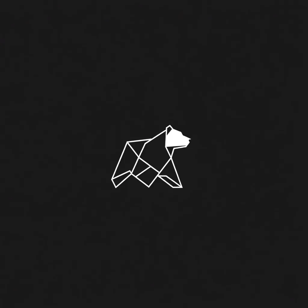 A minimalist design featuring a white, geometric bear silhouette on a black background.  The bear is depicted in a low-poly style, using clean lines to create a simple yet striking image. The contrast between the white lines and the dark background makes the design visually appealing and memorable.