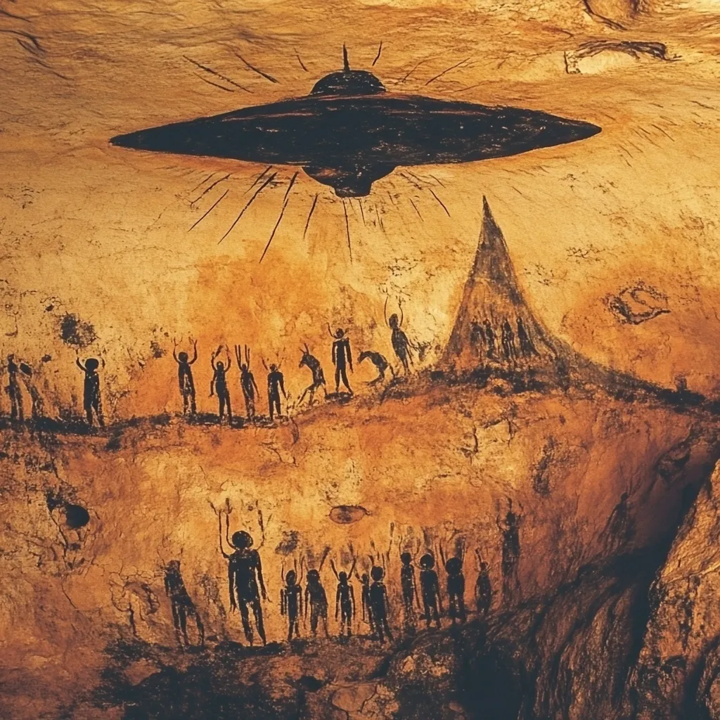 A cave painting depicts a large, dark, disc-shaped object hovering above a group of stylized human figures.  The figures, rendered in black, appear to be looking up at the object with arms raised. The scene also includes a conical mountain and other smaller figures. The style suggests prehistoric art, creating a juxtaposition of ancient imagery and a modern interpretation of a UFO.  The ochre tones of the cave wall provide a backdrop to the dark figures and the enigmatic object.
