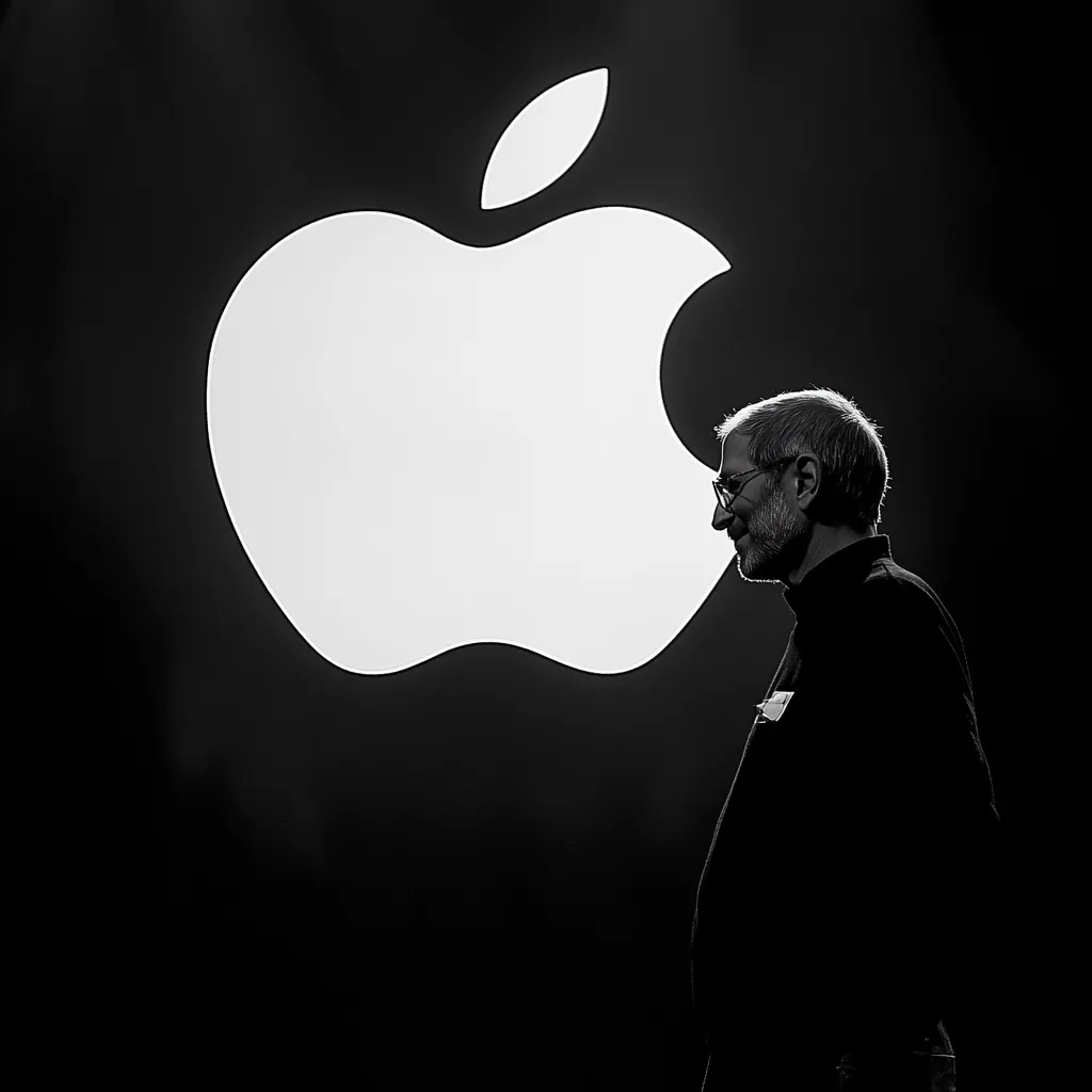 A black and white image showcases Tim Cook, silhouetted against a large, brightly lit Apple logo.  He's seen in profile, his gaze directed downwards, suggesting contemplation or anticipation. The stark contrast between light and shadow emphasizes his figure, creating a powerful visual representation of Apple's leadership. The background is entirely dark, focusing attention solely on Cook and the iconic brand symbol.