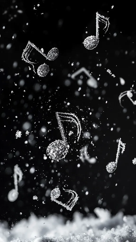 Eighth notes, drawn in sparkling white, drift against a black background.  The notes appear as if made of snow or frost, falling gently towards a snowy surface below.  A sense of magical, wintery music is evoked by the image's composition. The overall effect is whimsical and festive.