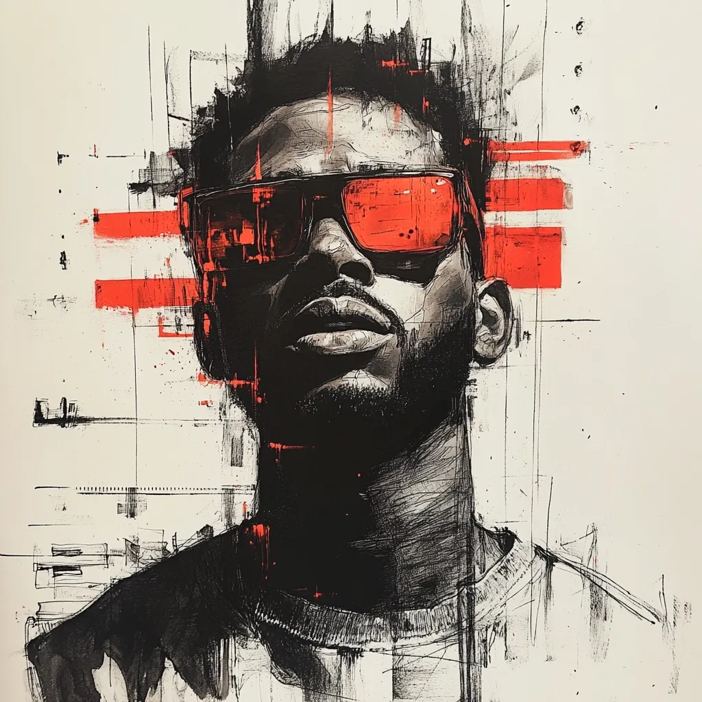 A stylized portrait of a man, rendered in black and white with splashes of bold red.  The subject wears sunglasses, his gaze directed upward.  The artwork uses expressive brushstrokes and abstract elements, creating a dynamic and energetic composition.  The background features geometric lines and shapes, adding a sense of depth and texture. The overall style is gritty and contemporary.