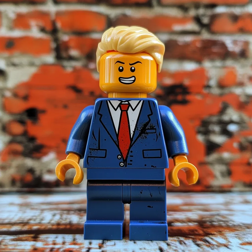 A LEGO minifigure resembling Donald Trump stands against a blurred background of orange brickwork.  The figure is detailed with a signature blond hairstyle, a blue suit jacket with distressed markings, and a red tie.  The minifigure's expression is subtly mischievous.  The overall effect is a playful yet slightly cynical portrayal of the former president.