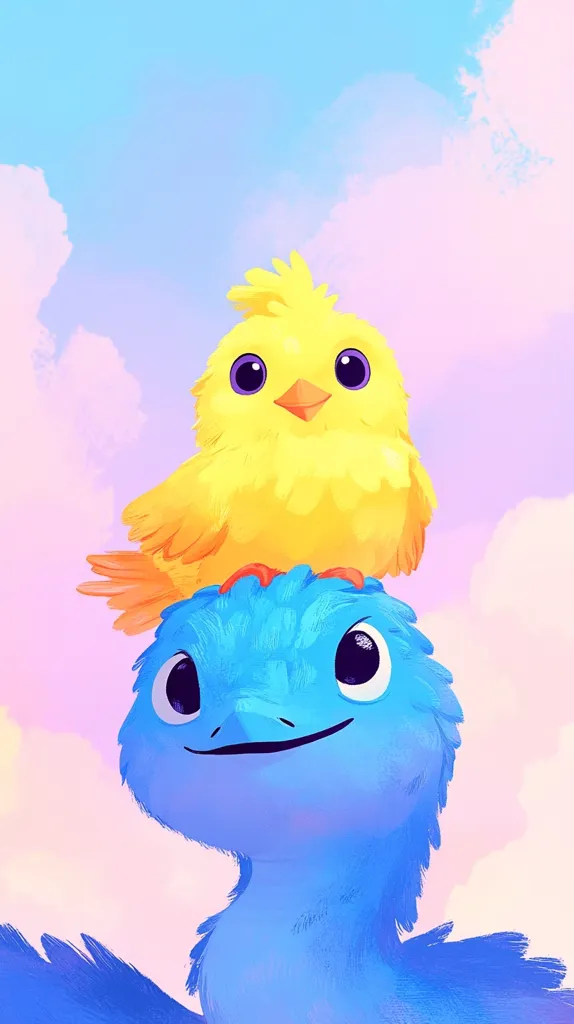 A charming illustration features a fluffy yellow chick perched atop a larger, friendly-looking blue bird, possibly an emu or similar species.  Both birds have large, expressive eyes.  The pastel background evokes a soft, dreamy atmosphere, suggesting a peaceful and whimsical scene.  The style is cartoonish and sweet.