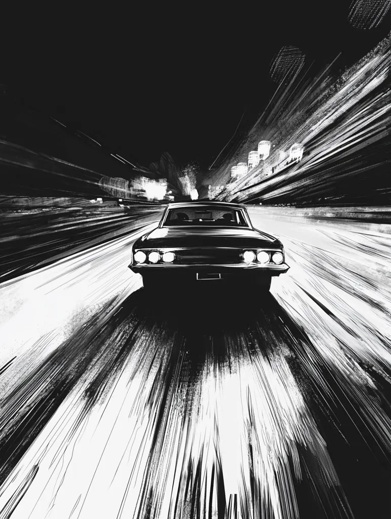 A black classic car speeds down a city street at night.  The image is rendered in black and white with expressive brushstrokes creating a sense of motion blur. Streetlights form a hazy glow in the distance, contrasting with the dark, speeding vehicle. The overall mood is dramatic and evocative of a nighttime chase or journey.