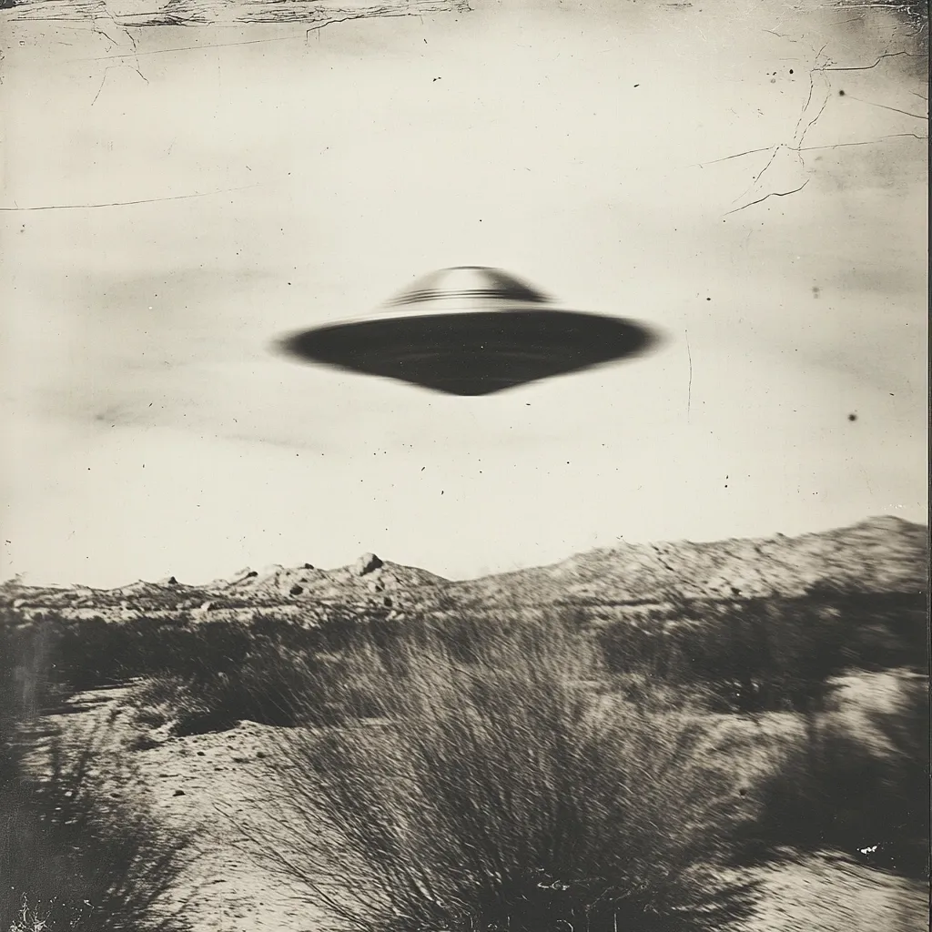 A black and white, vintage-style photograph depicts a blurry, saucer-shaped UFO hovering above a desolate, mountainous landscape. The image is slightly out of focus, giving it a mysterious and ethereal quality. The UFO is centrally positioned against a pale sky, with the foreground showcasing scrubby desert vegetation and distant hills.  The photograph's edges show signs of age and wear, enhancing its antiquated feel.