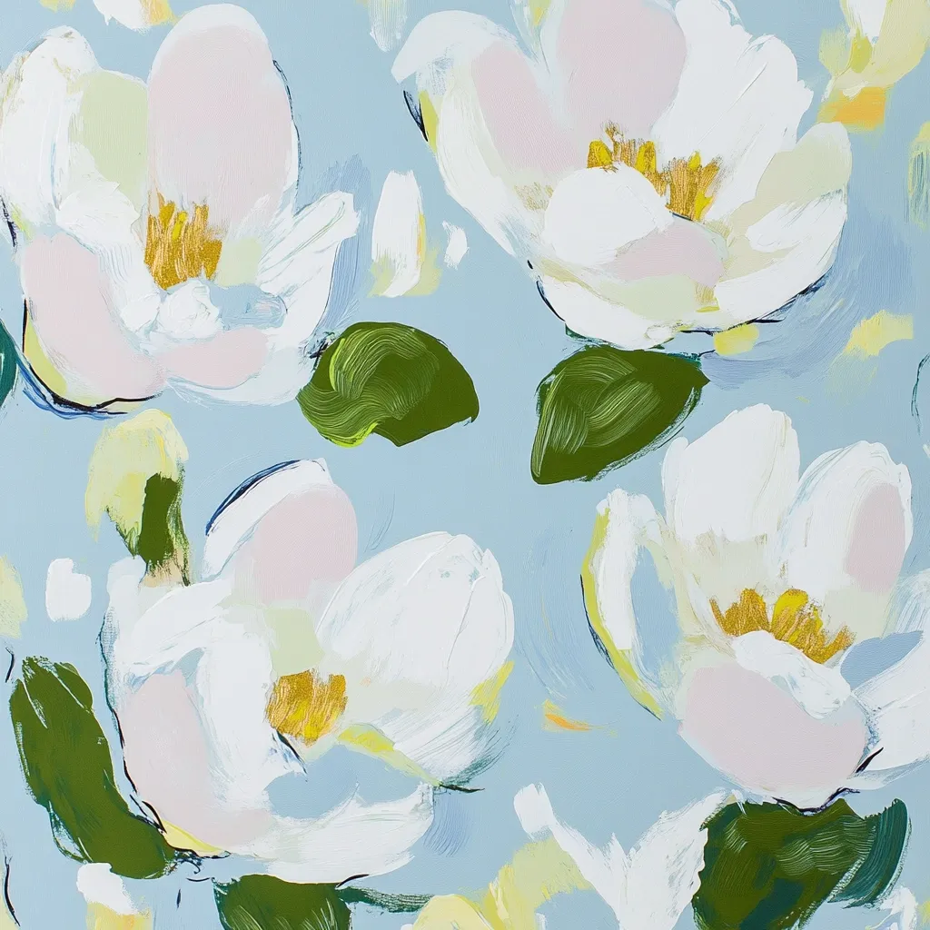 A vibrant, abstract painting showcases a profusion of white and pale pink magnolia blossoms against a light blue background.  The flowers are rendered with loose, expressive brushstrokes, creating a sense of movement and fluidity.  Hints of green foliage are interspersed amongst the blooms, adding depth and contrast to the overall composition. The style is impressionistic, prioritizing texture and color over precise detail.
