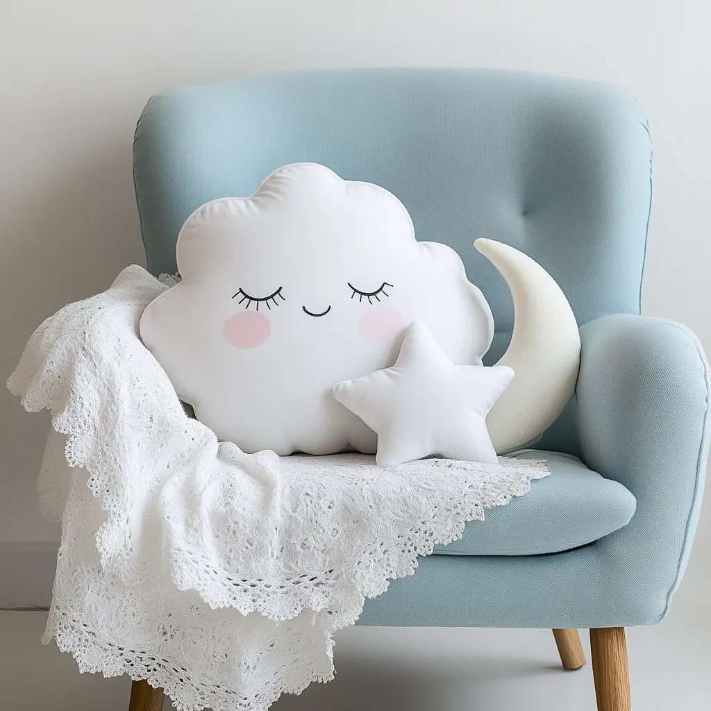 A light blue armchair is adorned with a charming set of plush toys: a smiling cloud pillow, a crescent moon, and a star.  A white crocheted blanket with lace trim drapes over the armrest, adding to the cozy and whimsical atmosphere. The scene evokes a sense of tranquility and childhood dreams.