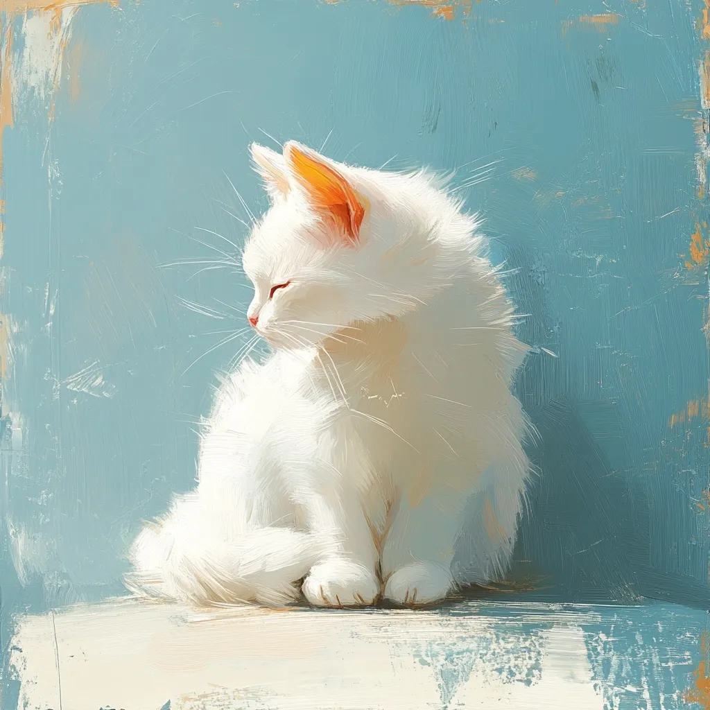 A painting depicts a serene white kitten sitting against a light teal background.  The kitten's eyes are closed, and its fur is rendered with soft, painterly strokes suggesting a fluffy texture.  The background is textured, mimicking a canvas, with visible brushstrokes adding depth. The overall mood is peaceful and calming, emphasizing the kitten's gentle nature.  The artist uses light and shadow to highlight the kitten's form.