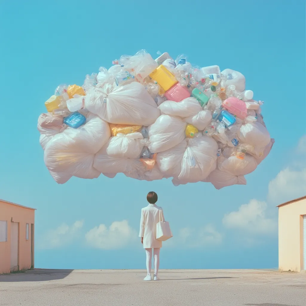 A surreal image depicts a massive cloud composed entirely of plastic waste bags and assorted trash.  A lone woman in a white coat and carrying a tote bag stands below, gazing upward.  The scene is set against a clear blue sky and minimalist buildings, creating a striking juxtaposition of everyday life and overwhelming pollution. The image evokes a sense of environmental concern and the looming impact of consumerism.