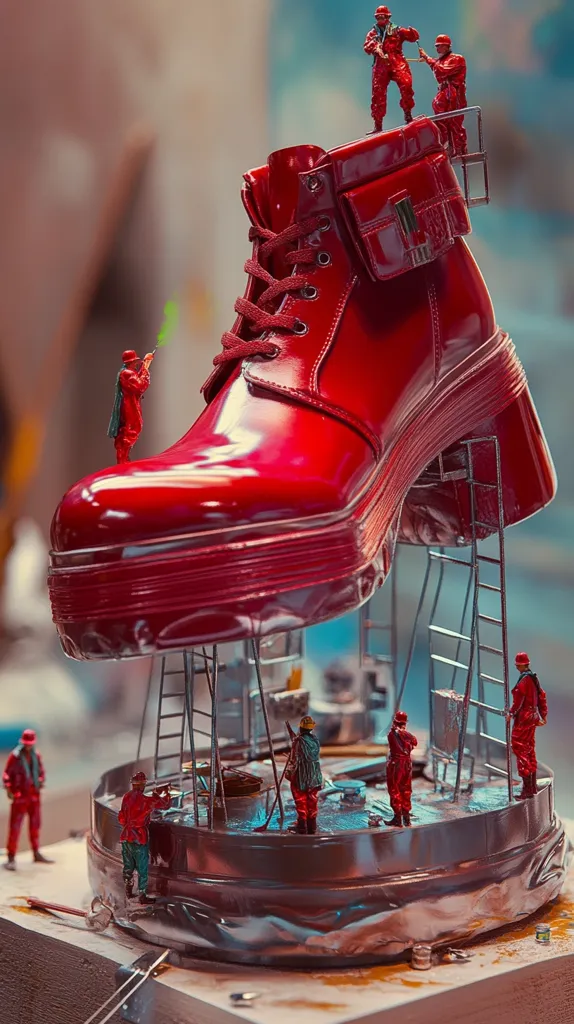 A giant red boot dominates the scene, supported by miniature scaffolding. Tiny figures, dressed in red, work diligently around its base, some appearing to paint or construct. The boot, with its glossy finish and chunky sole, contrasts sharply with the detailed miniature world below. The overall effect is a whimsical juxtaposition of scales and a creative display of miniature artistry.