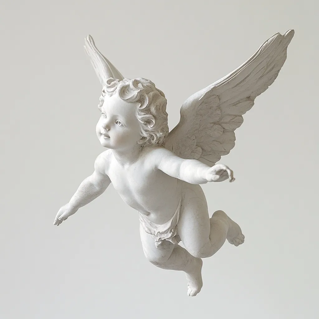 A cherubic angel, sculpted in white, is captured mid-flight.  Its wings are outstretched, feathers delicately rendered. The cherub's face is serene, and its body is depicted with a classical, idealized form.  The overall impression is one of ethereal beauty and innocence, suggesting a sense of peace and tranquility. The statue is seemingly mounted against a plain, light-colored wall.