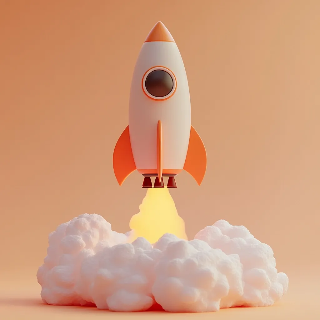 A stylized 3D rendering depicts a cartoon rocket launching.  The rocket is predominantly white with orange fins, and its engines emit a soft yellow glow.  It ascends from a fluffy, white cloud formation against a muted orange backdrop. The image suggests a concept of startup, innovation, or rapid growth.