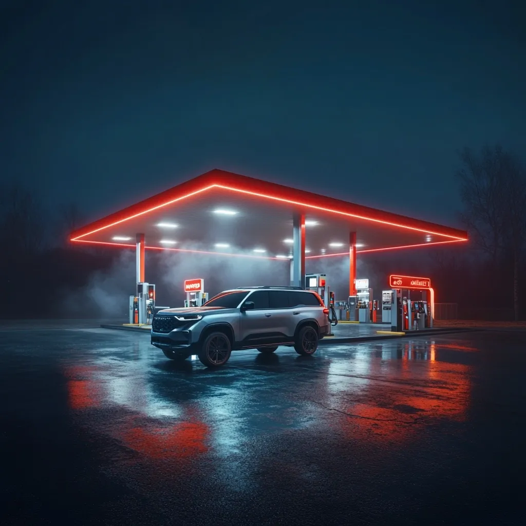 A sleek, silver SUV sits at a deserted gas station under a dark, nighttime sky. The station is illuminated by bright red neon lights, casting a dramatic glow on the wet pavement.  A misty atmosphere adds to the moody ambiance. The scene suggests a lonely, late-night stop for fuel.