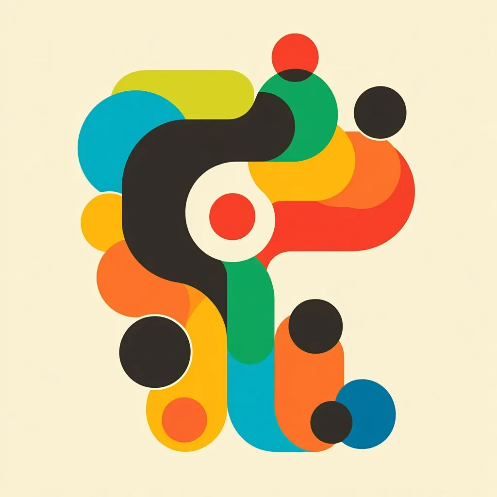 A vibrant abstract composition features interconnected, overlapping circles and curved shapes in a variety of colors, including red, orange, yellow, green, blue, and black. The design is reminiscent of mid-century modern art, with bold color choices and a playful arrangement of forms.  The shapes create a dynamic, flowing visual rhythm against a pale beige background.  The overall effect is energetic and visually engaging.