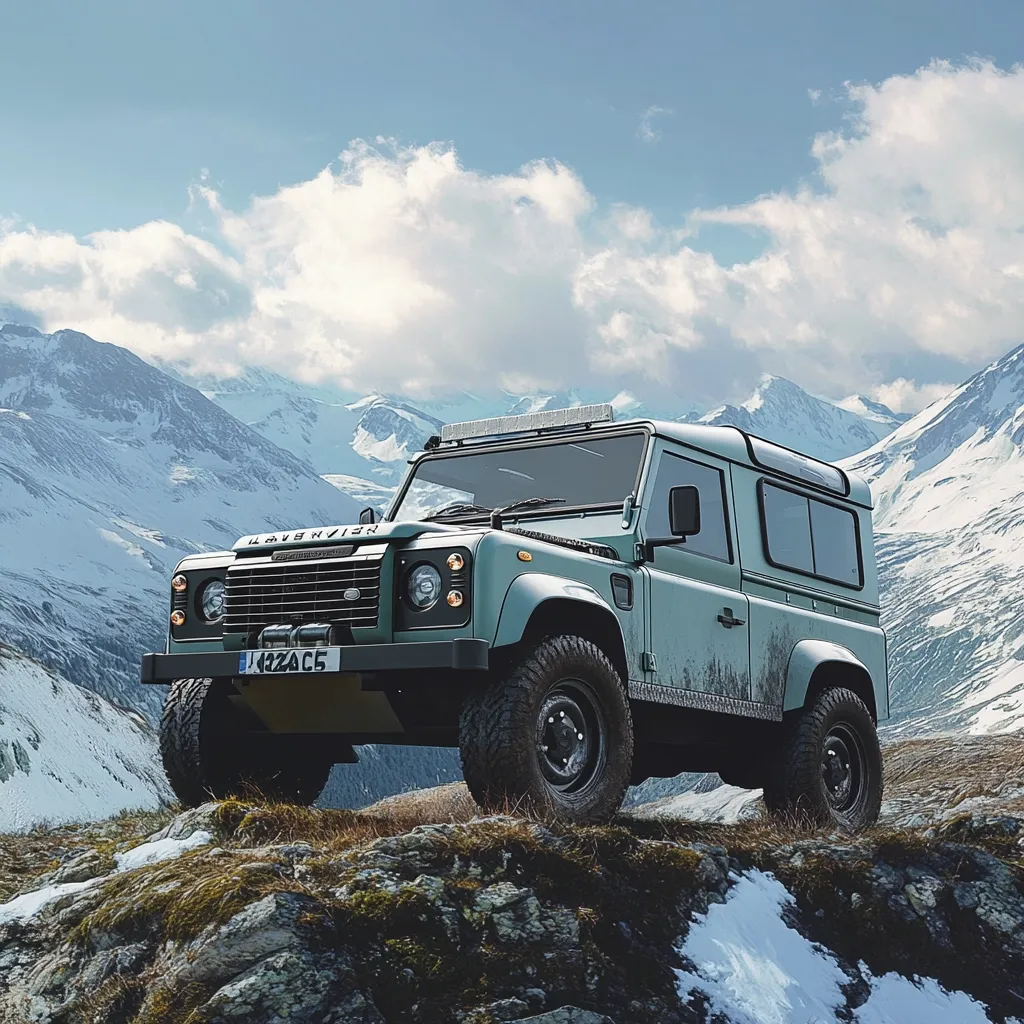 A weathered, light-green Land Rover Defender sits perched on a rocky outcrop overlooking a snow-capped mountain range.  The rugged SUV, equipped with a roof-mounted light bar, is positioned slightly angled, showcasing its off-road capabilities.  The pristine background of snow-dusted peaks contrasts with the vehicle's worn appearance, suggesting a journey through challenging terrain. The scene evokes a sense of adventure and exploration in a dramatic, natural landscape.