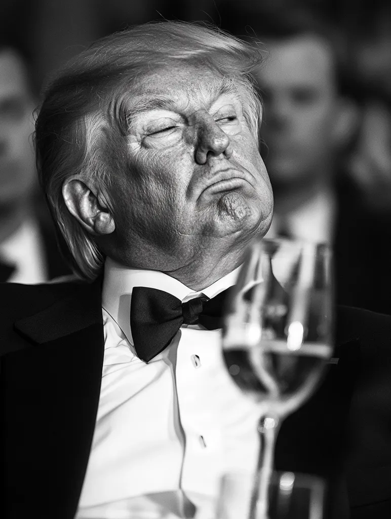 A black and white close-up shot depicts Donald Trump in a tuxedo, his eyes closed, his mouth slightly pursed.  He appears pensive or perhaps weary. A partially visible wine glass sits in the foreground, adding to the somber mood. The background is blurred, showing other individuals. The image emphasizes texture and shadow, creating a dramatic effect.
