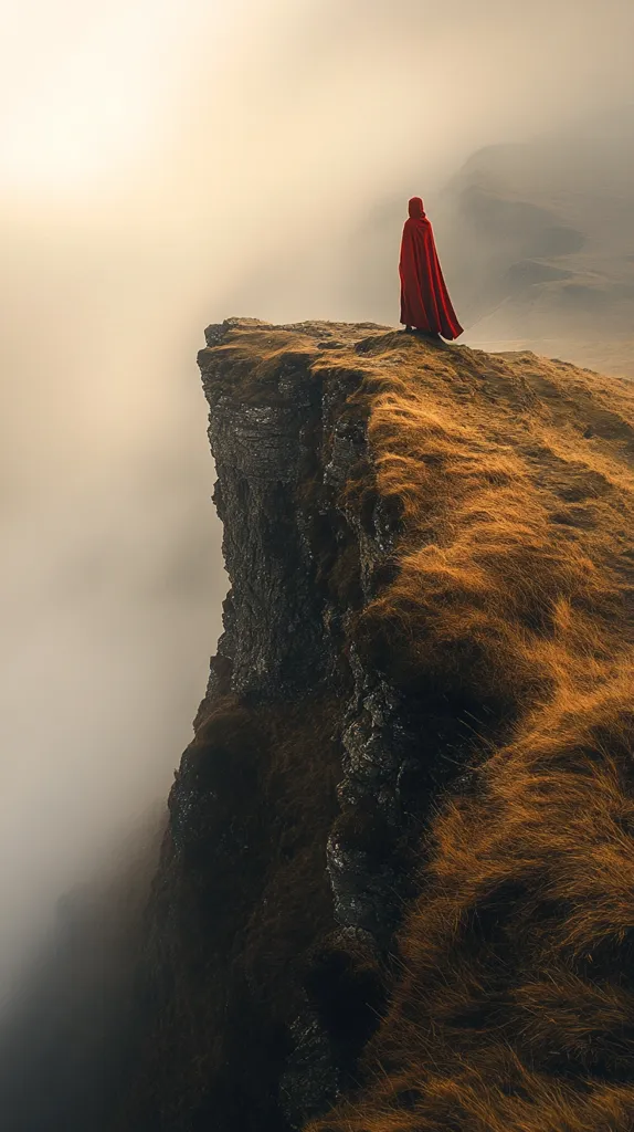 A lone figure, cloaked in a vibrant red robe, stands at the precipice of a dramatic cliff.  Thick fog envelops the landscape below, creating a sense of mystery and isolation.  The cliff face is rugged and dark, contrasting with the golden hues of the grasses atop it.  The scene evokes a feeling of solitude and contemplation against a breathtaking, misty backdrop.