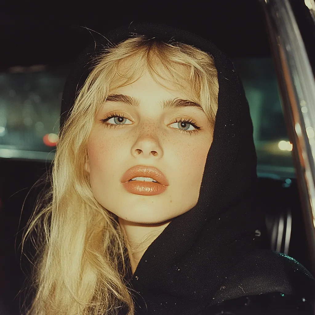 A young woman with long blonde hair and freckles looks directly at the camera.  She's wearing a dark hooded jacket, partially obscuring her face.  The image has a vintage, film-like quality, with soft lighting and a slightly blurred background suggesting she's sitting in a car at night.  Her makeup is subtle yet defined, emphasizing her eyes and lips.  The overall mood is one of quiet beauty and introspection.