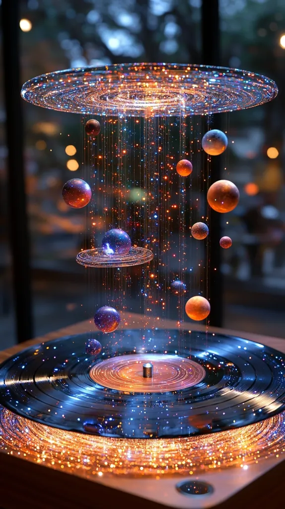 A mesmerizing digital artwork depicts a record player with a glass disc overhead.  From the upper disc, shimmering strands of light descend, resembling cosmic dust, connecting to small, glowing orbs that appear like planets. The record player base is illuminated with a warm, golden light, creating a captivating and surreal scene reminiscent of a miniature galaxy.