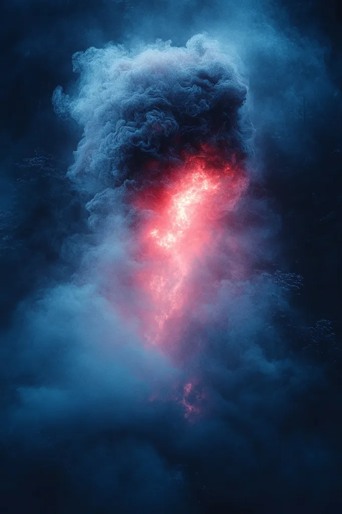 A dramatic image depicts a swirling mass of dark blue smoke, with a vibrant, fiery red core piercing through its center. The smoke billows and obscures the background, creating a sense of depth and mystery. The contrast between the cool blue and warm red creates a striking visual effect, suggesting an intense energy or event. The overall mood is dark and atmospheric, evoking feelings of power and awe.