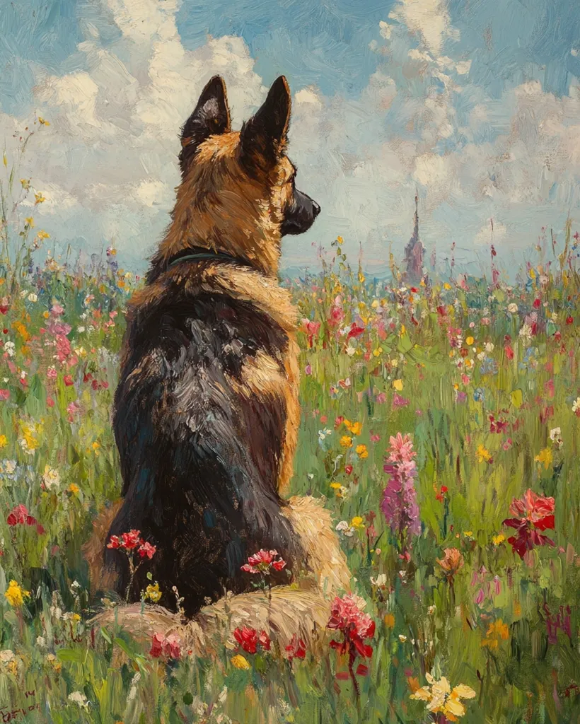 A German Shepherd sits in a vibrant wildflower meadow, its gaze directed towards a distant church steeple visible on the horizon.  The dog's rich, textured fur contrasts beautifully with the colorful blooms surrounding it.  The painting evokes a sense of peaceful contemplation and the beauty of nature.  The artist's impasto technique gives the scene a lively and textured feel.