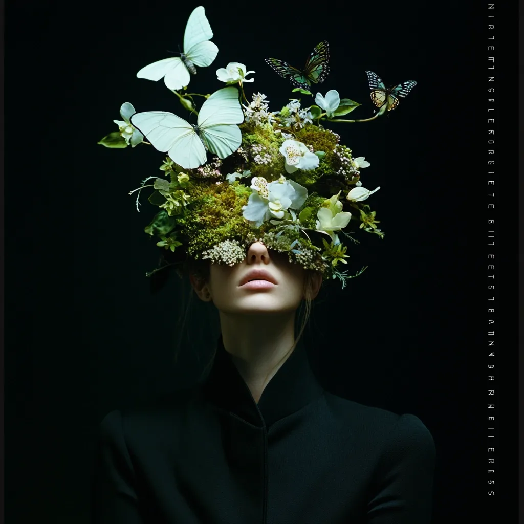 A woman's face is obscured by a lush arrangement of moss, flowers, and butterflies, creating a surreal and ethereal mask.  She wears a dark, elegant jacket, contrasting with the vibrant greenery.  The overall aesthetic is dark, mysterious, and artistic, suggesting a connection between nature and human beauty.  The image feels both delicate and powerful.