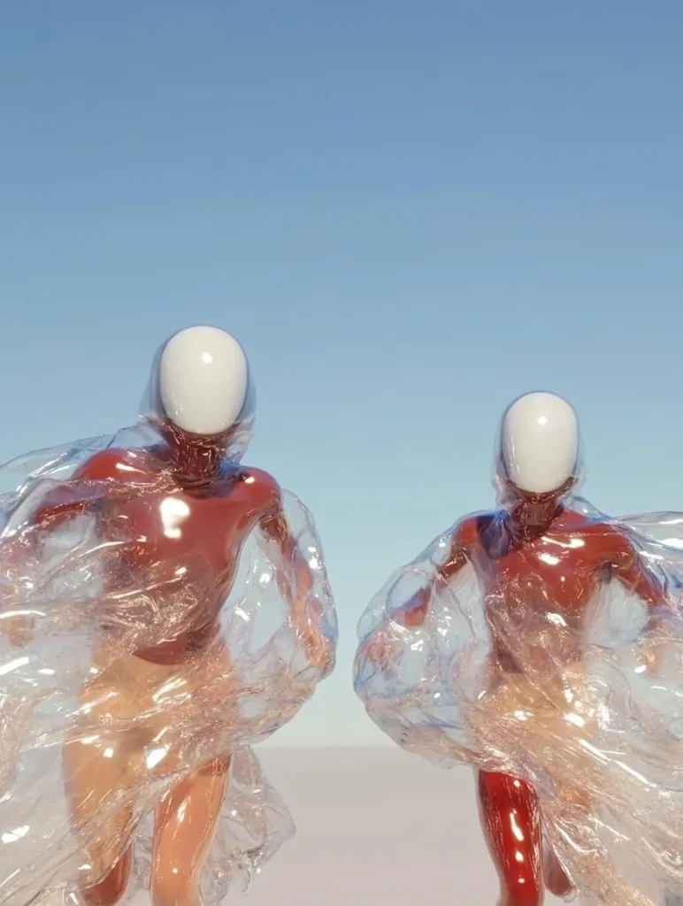 Two figures, seemingly humanoid, run against a pale blue sky.  They are clad in translucent, plastic-like material that drapes and flows around their bodies, obscuring their forms.  Their heads are covered by smooth, white helmets.  The overall impression is one of surreal movement and a slightly unsettling juxtaposition of organic and synthetic elements.