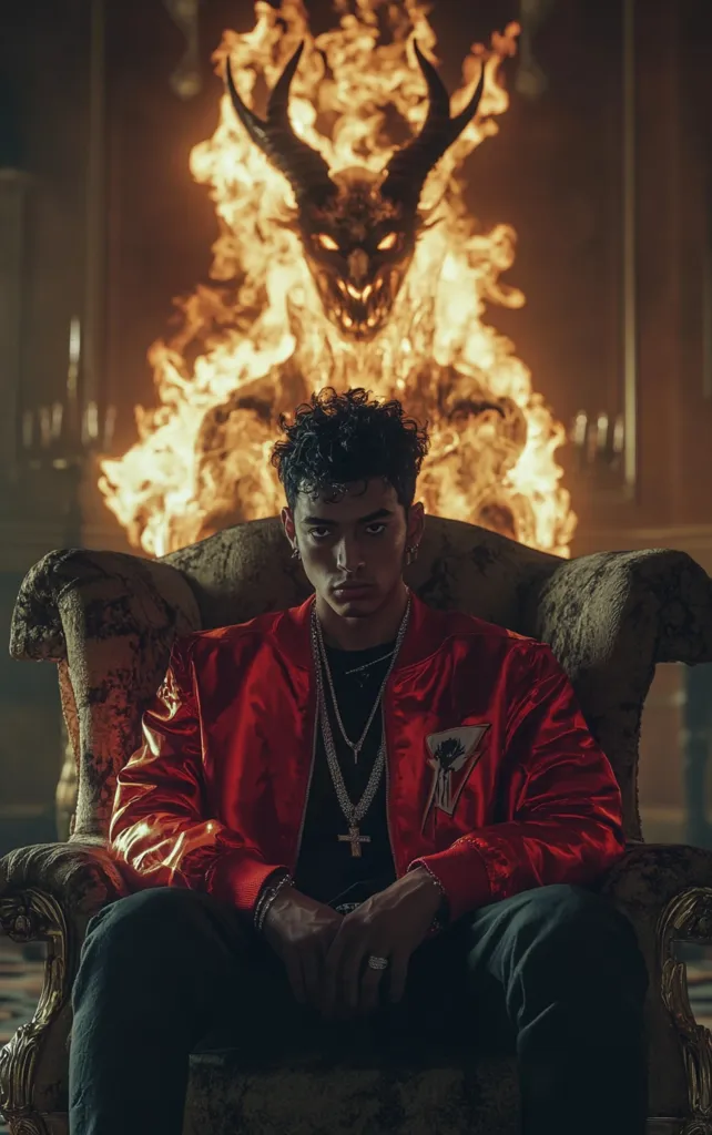 A young man with dark, curly hair sits in an ornate chair, wearing a red satin bomber jacket and several gold chains.  He stares intensely at the camera. Behind him, a demonic figure is engulfed in flames, creating a dramatic and ominous backdrop. The scene is dark and moody, with a strong contrast between the man's composure and the fiery, menacing presence behind him.