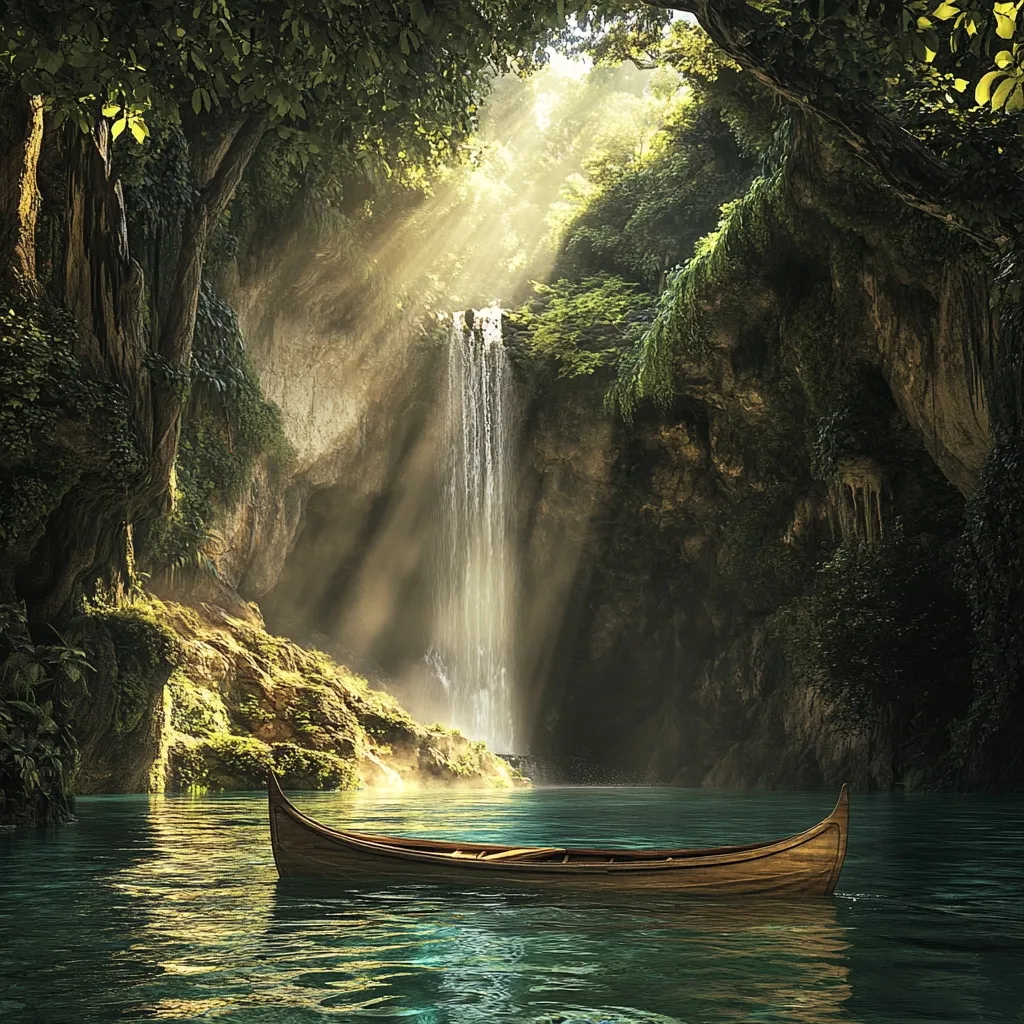A wooden canoe rests serenely on a tranquil, emerald green lake nestled within a lush, verdant cave.  Sunlight streams through the foliage, illuminating a cascading waterfall that flows into the still water.  The scene evokes a sense of peace and secluded natural beauty, a hidden paradise untouched by the outside world.  Lush green moss covers the cave walls, adding to the magical ambiance.