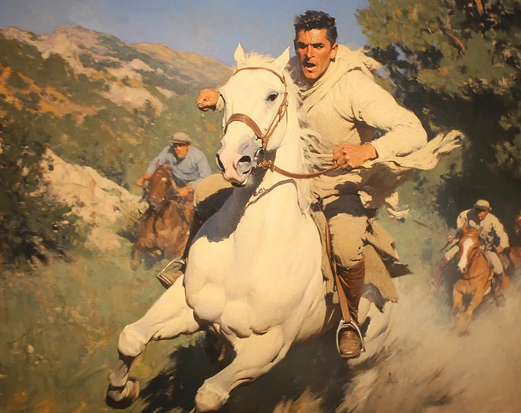 A dynamic painting depicts a man on a powerful white horse galloping through a mountainous landscape.  The rider, dressed in light-colored clothing, leans forward, his face tense with determination. Two other riders on darker horses follow behind, blurred by the speed of the central figure. The scene is filled with motion and a sense of urgency, creating a dramatic and visually arresting image.