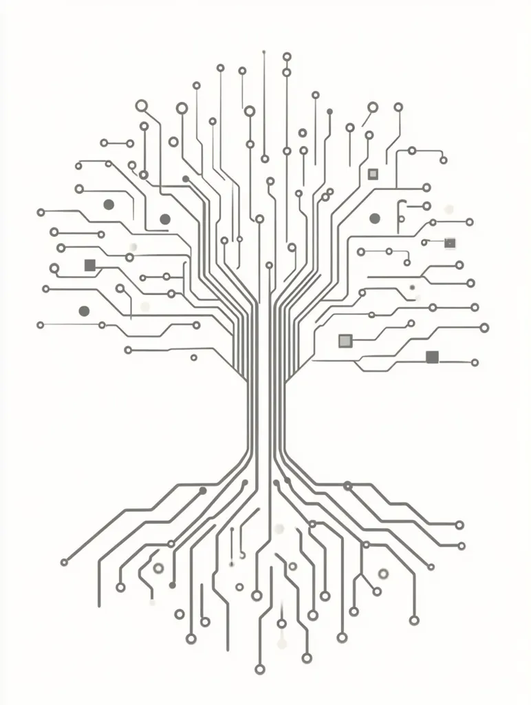 The image shows a stylized tree-like structure composed of interconnected circuit lines.  The design resembles a circuit board, with nodes and pathways branching out from a central trunk, mimicking the form of a tree's roots and branches.  The grayscale palette and minimalist style create a clean, technological aesthetic.  It suggests a concept of interconnectedness or the growth of a technological network.