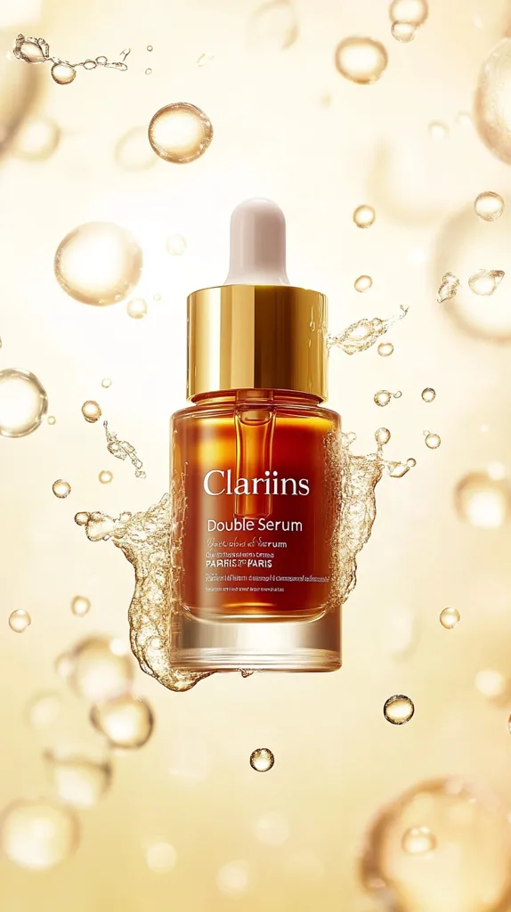 A bottle of Clarins Double Serum sits amidst a splash of golden liquid, surrounded by numerous shimmering bubbles. The bottle is amber-colored with a gold cap and features the Clarins logo and product name prominently displayed. The overall aesthetic is luxurious and suggestive of the serum's hydrating and rejuvenating properties. The image evokes a sense of freshness and purity.