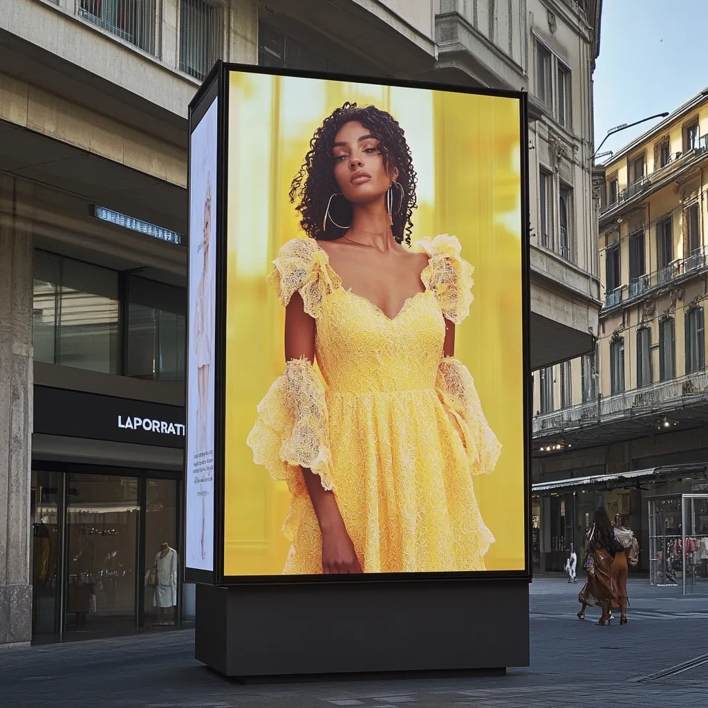 A large digital billboard displays a captivating image of a young woman in a vibrant yellow lace dress.  Her curly hair frames her face, and she wears large hoop earrings. The billboard stands on a city street, near a storefront, with pedestrians visible in the background.  The overall impression is one of stylish fashion advertising in an urban setting.